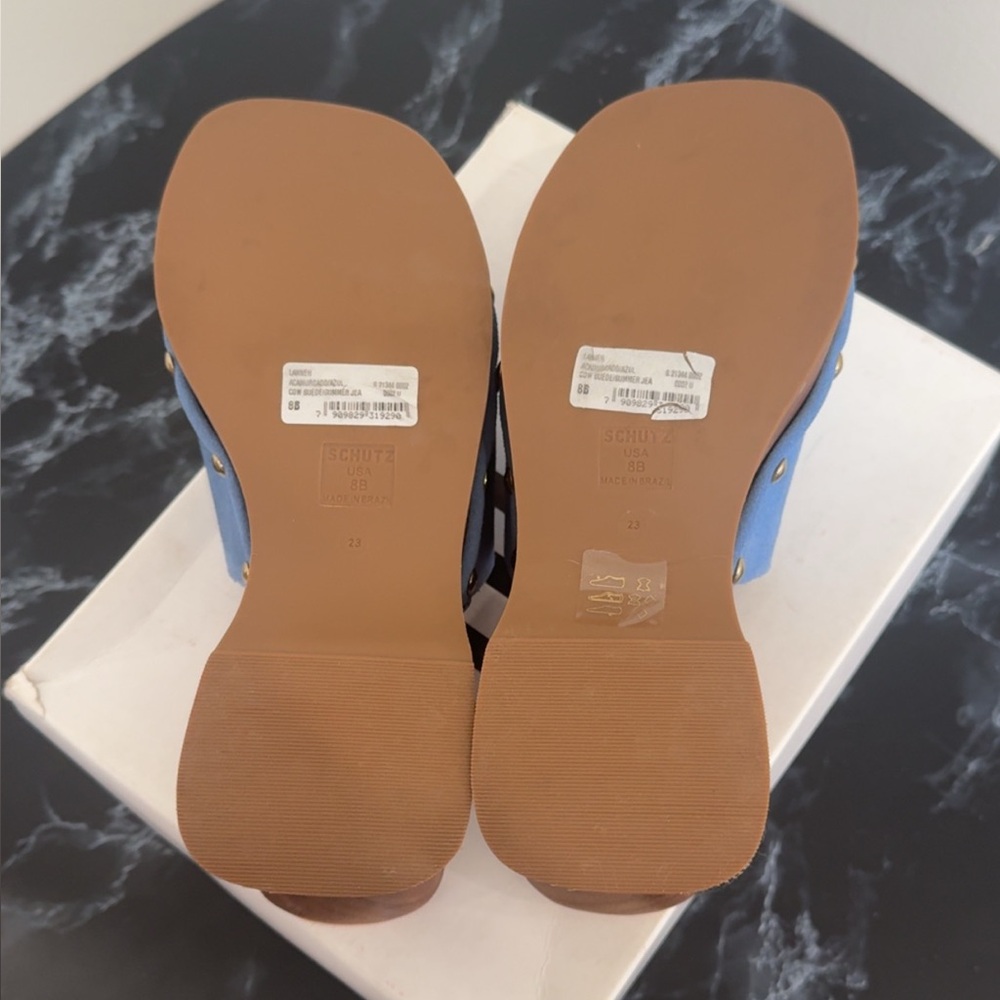 Schutz Blue Suede Wedge Heel Clog Sandals Lanneh Women's Size 8 AUTHENTIC NEW - Picture 6 of 9
